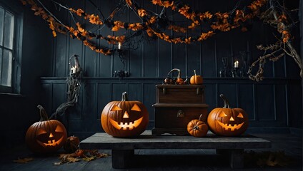 Podium for product demonstration Halloween Jack Lantern pumpkin in a scary forest with a dead tree. Frightening mood, bats, light in the windows, full moon, fog, twilight. Illustration.