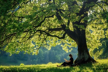 Person reading under a large tree in a peaceful, sunlit meadow with lush green surroundings