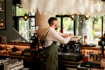 Barista crafting delicious espresso in a modern cafe, surrounded by vibrant greenery and cheerful patrons enjoying their daily brews