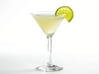 A daiquiri in a coupe glass with a lime wedge on a white background