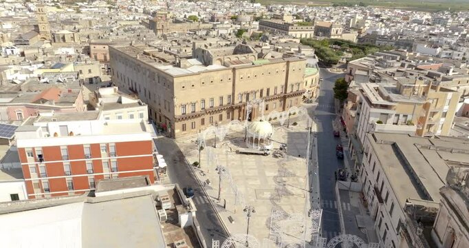Aerial view of the Imperiali-Filotico Palace, built in Manduria, in the province of Taranto, Italy. It is one of the largest feudal palaces in Salento.