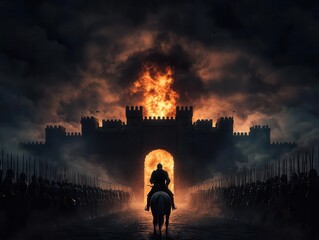 Fototapeta premium Knight on horseback, charging towards a dragon breathing fire at the gates of a medieval fortress, storm clouds in the background, Fantasy, 3D Render