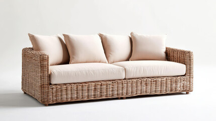 Obraz premium Stylish rattan sofa with plush cushions, perfect for modern living spaces and cozy interiors, offering comfort and elegance.
