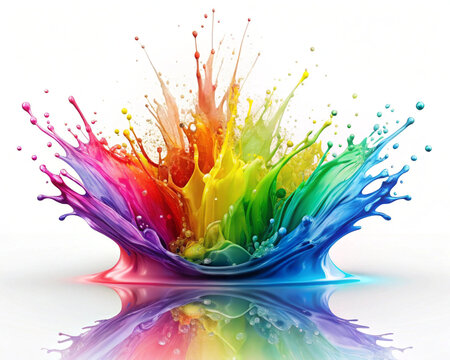 A colorful rainbow splash bursts on a bright white backdrop