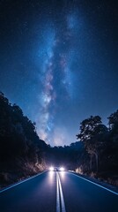 Milky way sparkling over road lit by car lights image