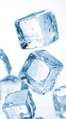 Obraz premium Clear ice cubes floating in a cool blue background, perfect for refreshing beverage concepts or cold drink visuals.