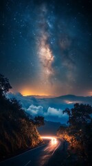 Fototapeta premium Road glowing under car lights and milky way sky image