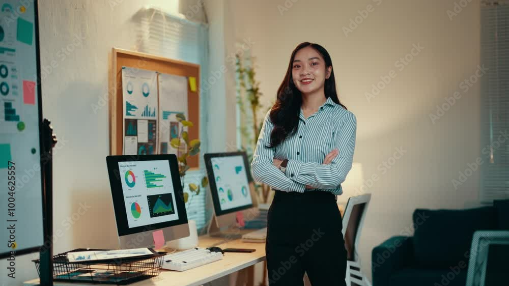 Poster young businesswoman works at a modern office desk, analyzing data on a computer screen while smiling