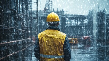 Construction worker enduring heavy rainfall at a job site. Worker in yellow hard hat facing challenging weather conditions. Manual labor perseverance in adverse outdoor environment.