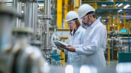 Engineers inspecting machinery in a modern manufacturing plant while reviewing technical documents during daytime operations