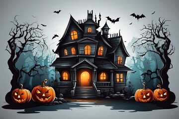 Terrible hunting house and Halloween Jack Lantern pumpkin in a scary forest with a dead tree. Frightening mood, bats, light in the windows, full moon, fog, twilight. Illustration. 