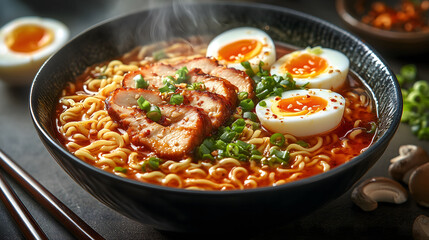 Delicious bowl of ramen with soft boiled eggs, spicy sauce, and tender meat served hot in a cozy restaurant setting