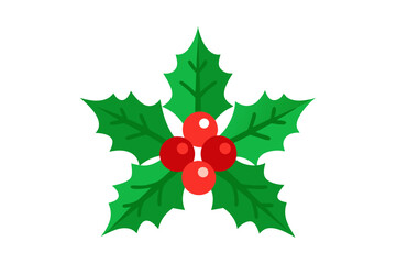 Christmas Holly with Red Berries and Green Leaves, Evergreen Pine Needles, Transparent White Background