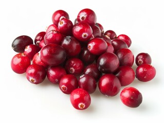 A pile of fresh cranberries on a white background