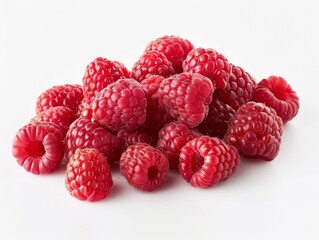 A pile of fresh raspberries on a white background