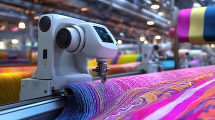 Dynamic scene of a robot using machine vision to identify and sort colored fabrics in a textile factory, illustrated with vibrant, graphical elements