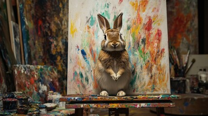 A rabbit, poised and focused, paints a striking masterpiece on an easel in a bright, paint-splattered studio, surrounded by vibrant colors and artistic chaos