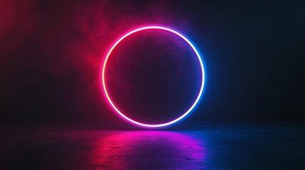 Obraz premium Neon circle glowing in smoky room with copy space