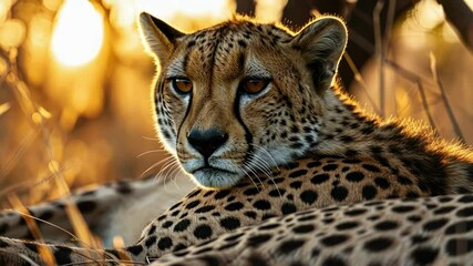 A close up of a cheetah in serene sunlight, emphasizing its elegance and beauty in a natural habitat - Powered by Adobe