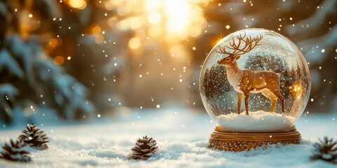 A beautiful snow globe with a majestic deer surrounded by pinecones on a snowy ground during a golden sunset.
