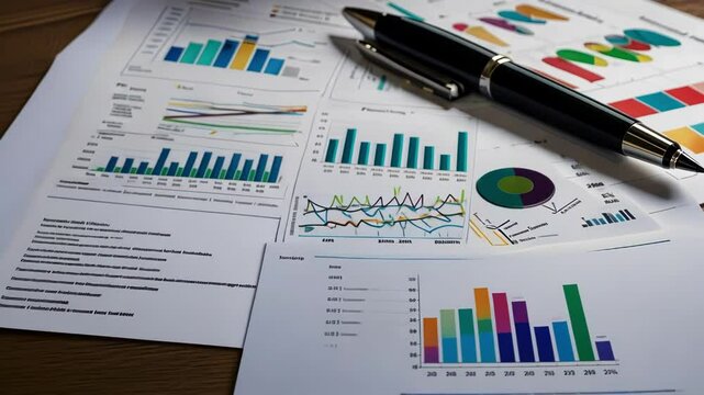 The frame shows detailed reports and data visualizations laid out on a desk, indicating analysis and business strategy efforts