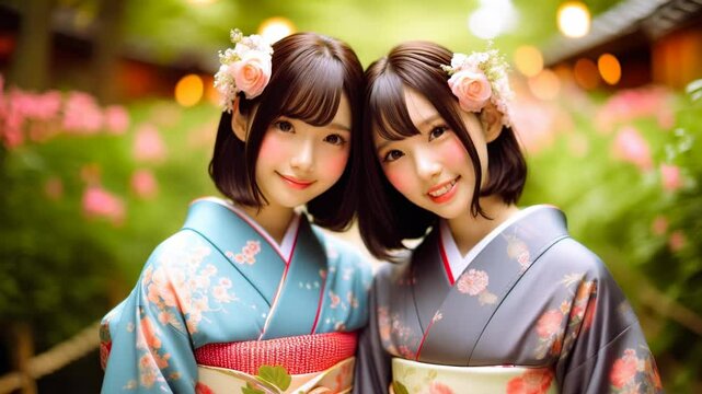 Beautiful sisters in kimono