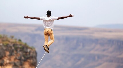 Obraz premium Highliner balancing over a deep valley, arms outstretched, extreme balancing act