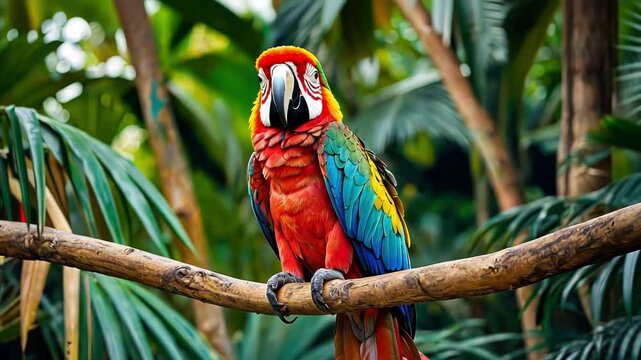 A vibrant parrot perches on a branch in a lush tropical setting, showcasing nature's beauty and its colorful feathers