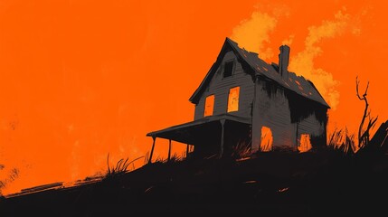 Burning House Silhouette Against Orange Sky: Apocalyptic Scene