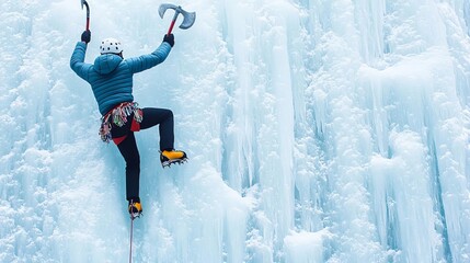 Ice climber scaling a frozen waterfall, ice axe in hand, shimmering ice crystals