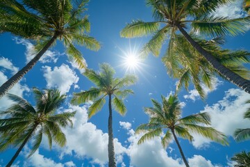 Obraz premium Palm trees reach towards a bright sun in a vibrant blue sky filled with fluffy clouds, creating a serene tropical atmosphere