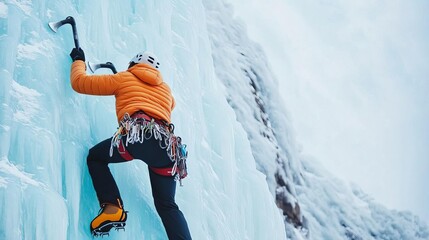 Ice climber scaling frozen waterfall, ice axes embedded, glacial backdrop, pure vertical challenge