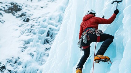 Ice climber scaling frozen waterfall, ice axes embedded, glacial backdrop, pure vertical challenge