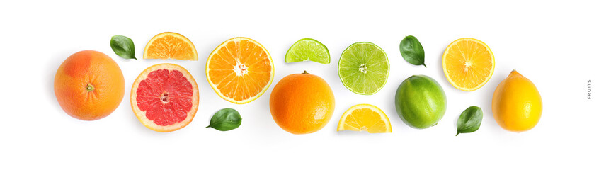 Creative layout made of lemon, grapefruit, lime and orange fruit on the white background. Food concept. Macro concept.