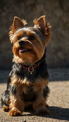 Close-up of a Yorkie wagging its tail, catching light.
