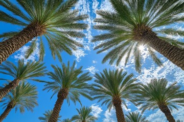 Tall palm trees stretch upward against a bright blue sky filled with fluffy clouds under warm sunlight on a clear day