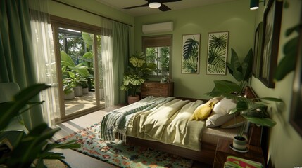 Modern boho-style bedroom with a wooden bed