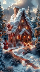 Fototapeta premium This elaborate gingerbread house sits in a winter wonderland, with colorful candy canes, gumdrops, and chocolate roof tiles, surrounded by snow and holiday lights