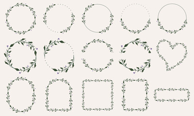Vector set of cute kawaii sweet purple flower with greenery wreaths, frame, heart and arch frame