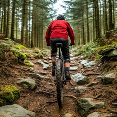Mountain biker navigating through a dense forest, roots and rocks, raw trail experience