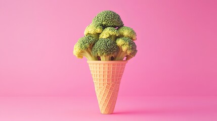 Broccoli bouquet in waffle cone on pink background