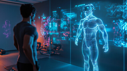  A holographic personal trainer guiding a workout session. 