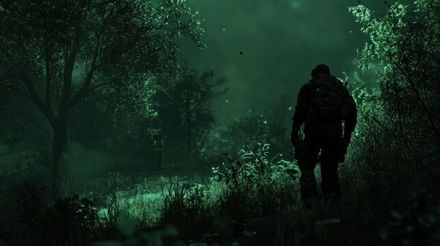 Night vision view of a smuggler hiding illegal goods in a dark, forested border area