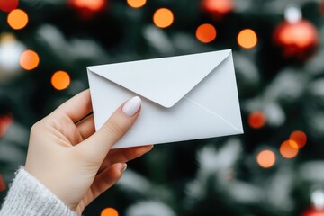 Hand holding envelope against festive holiday background with bokeh lights