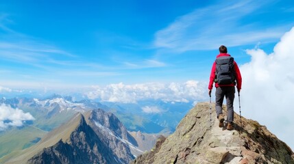Mountain hiker balancing on a narrow ridge, panoramic views, conquering the high-altitude challenge