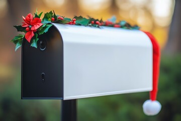 Festive mailbox with holiday decorations and santa hat