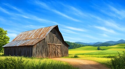 Obraz premium Rustic Weathered Wooden Barn Set Against a Picturesque Countryside Landscape with Lush Green Fields Rolling Hills and a Dirt Path Leading Up to the Barn Under a Bright Cloudy Blue Sky