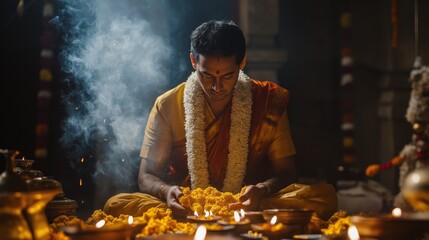 Hindu priest performing Diwali puja with offerings and diyas in a spiritual ceremony