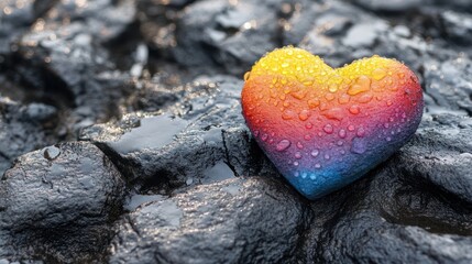 Obraz premium Rainbow colored heart on a rocky surface with water droplets, symbolizing love and resilience in nature with vibrant hues and a close up perspective