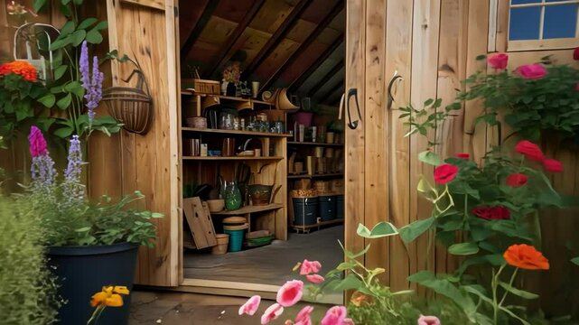 A charming wooden shed surrounded by vibrant flowers, reflecting a serene garden atmosphere and a DIY gardening hobby